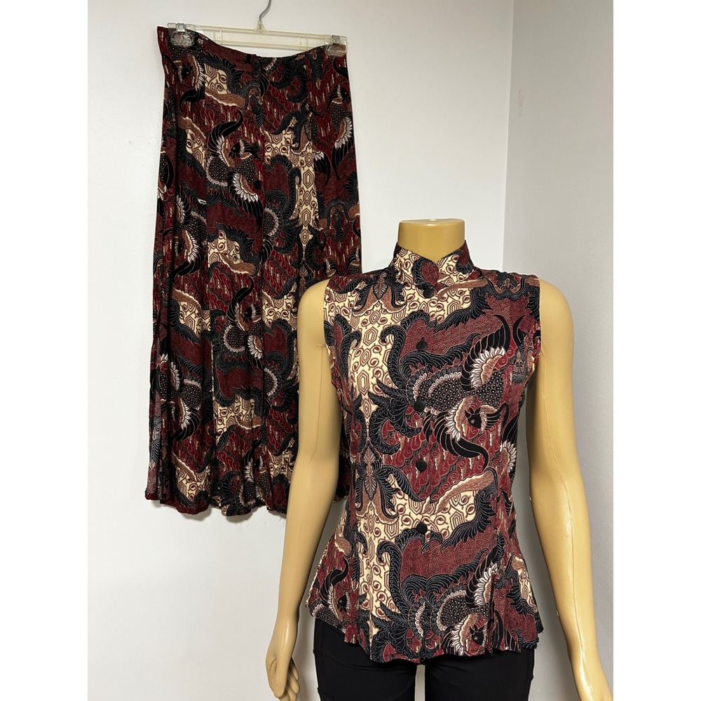 VINTAGE Feruccio Batik Phoenix Print 2 Piece Skirt Set Burgundy Black Size M